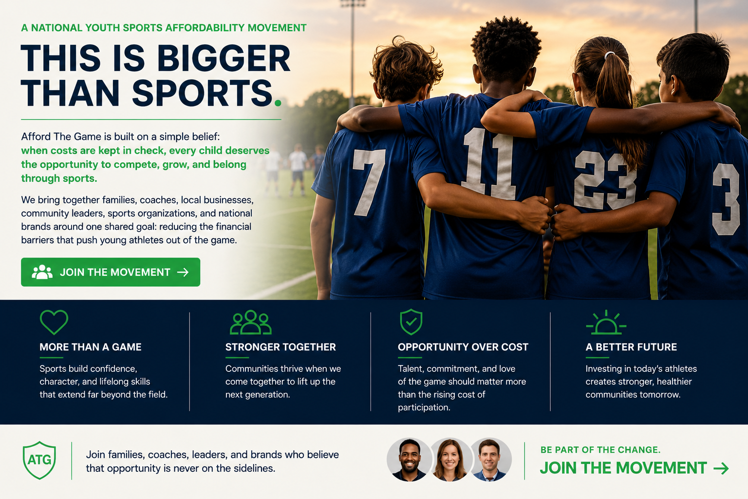 Afford The Game movement visual showing four young athletes together with the principles More Than A Game, Stronger Together, Opportunity Over Cost, and A Better Future.